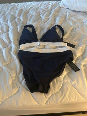 Ralph Lauren Navy and White Band Two-Piece Bikini Set